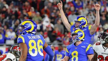 TAMPA, FLORIDA - JANUARY 23: Matt Gay #8 of the Los Angeles Rams kicks the game-winning field goal in the last second against the Tampa Bay Buccaneers in the NFC Divisional Playoff game at Raymond James Stadium on January 23, 2022 in Tampa, Florida.   Kev
