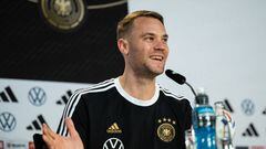 AL RUWAIS, QATAR - NOVEMBER 19: Manuel Neuer talks during the Germany press conference at DFB Media Centre on November 19, 2022 in Al Ruwais, Qatar. (Photo by Marvin Ibo Guengoer - GES Sportfoto/Getty Images)