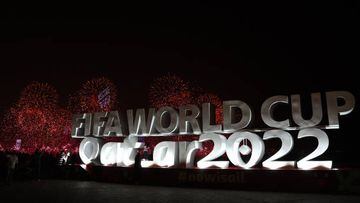 19 November 2022, Qatar, Doha: Soccer, preparation for the World Cup in Qatar, fireworks can be seen above the lettering "Fifa World Cup Qatar 2022". Photo: Tom Weller/dpa (Photo by Tom Weller/picture alliance via Getty Images)