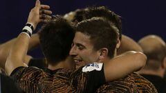 Argentina&#039;s Jaguares wing Sebastian Cancelliere (R) celebrates with teammates after defeating New Zealand&#039;s Chiefs  during their Super Rugby quarters final match at Jose Amalfitani stadium in Buenos Aires, on June 21, 2019. (Photo by ALEJANDRO P