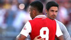 NUREMBERG, GERMANY - JULY 08: Gabriel Jesus of Arsenal reacts with head coach Mikel Arteta after the pre-season friendly match between 1. FC Nürnberg and Arsenal F.C. at Max-Morlock-Stadion on July 08, 2022 in Nuremberg, Germany. (Photo by Alexander Hassenstein/Getty Images)
