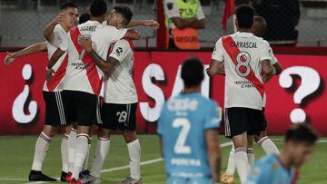 River Plate&#039;s players celebrate after scoring during their 2020 Argentine First Division &quot;Diego Armando Maradona&quot; cup football match against Arsenal at Libertadores de America stadium, in Avellaneda Buenos Aires province, on December 27, 20