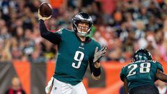 CLEVELAND, OH - AUGUST 23: Starting quarterback Nick Foles #9 of the Philadelphia Eagles passes during the first half of a preseason game against the Cleveland Browns at FirstEnergy Stadium on August 23, 2018 in Cleveland, Ohio.   Jason Miller/Getty Images/AFP == FOR NEWSPAPERS, INTERNET, TELCOS &amp; TELEVISION USE ONLY ==