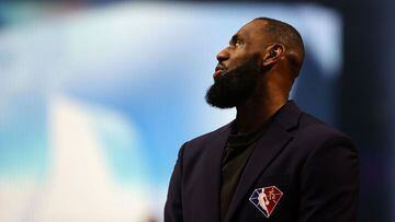 CLEVELAND, OHIO - FEBRUARY 20: LeBron James reacts after being introduced as part of the NBA 75th Anniversary Team during the 2022 NBA All-Star Game at Rocket Mortgage Fieldhouse on February 20, 2022 in Cleveland, Ohio. NOTE TO USER: User expressly acknow