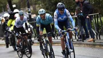 (From R) Spain&#039;s	Marc Soler, Spain&#039;s Omar Fraile and Spain&#039;s David De La Cruz ride a breakaway during the 110 km eighth and last stage of the 76th edition of the Paris-Nice cycling race, in and around Nice, on March 11, 2018.  / AFP PHOTO 