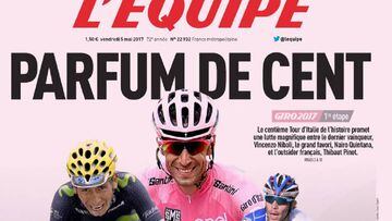 Portada de L&acute;&Eacute;quipe del 5 de mayo de 2017, en color rosa, para celebrar el inicio de la edici&oacute;n 100 del Giro de Italia.