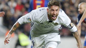 Ramos celebrates his late equaliser for Real Madrid in December 2016's 1-1 LaLiga draw at the Camp Nou.