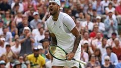 LONDON, ENGLAND - JULY 04: Nick Kyrgios of Australia celebrates a point against Brandon Nakashima of United States of America during their Men's Singles Fourth Round match on day eight of The Championships Wimbledon 2022 at All England Lawn Tennis and Croquet Club on July 04, 2022 in London, England. (Photo by Shaun Botterill/Getty Images)