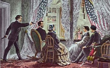 Slide depicting John Wilkes Booth leaning forward to shoot President Abraham Lincoln as he watches Our American Cousin at Ford's Theater in Washington, D.C. 14 April 1865. Library of Congress