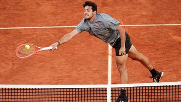 MADRID, SPAIN - MAY 07: Cristian Gar&iacute;n of Chile plays a forehand shot during their Quarter Final match against Matteo Berrettini of Italy during Day Nine of the Mutua Madrid Open at La Caja Magica on May 07, 2021 in Madrid, Spain. (Photo by Gonzalo