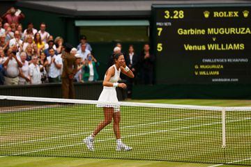 LONDON, ENGLAND - JULY 15: Garbine Muguruza of Spain celebrates victory after the Ladies Singles final against Venus Williams of The United States on day twelve of the Wimbledon Lawn Tennis Championships at the All England Lawn Tennis and Croquet Club at 