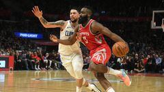 Feb 28, 2018; Los Angeles, CA, USA; Houston Rockets guard James Harden (13) controls the ball defended by LA Clippers guard Austin Rivers (25) during the forth quarter at Staples Center. Mandatory Credit: Richard Mackson-USA TODAY Sports