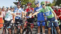 Miguel &Aacute;ngel L&oacute;pez, Thomas De Gandt, Simon Yates, Enric Mas y Alejandro Valverde, en la salida de la &uacute;ltima etapa de la Vuelta a Espa&ntilde;a en Alcorc&oacute;n.