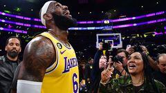 Feb 7, 2023; Los Angeles, California, USA; Los Angeles Lakers forward LeBron James (6) celebrates with his mother Gloria James after breaking the all-time scoring record in the third quarter against the Oklahoma City Thunder at Crypto.com Arena. Mandatory Credit: Gary A. Vasquez-USA TODAY Sports