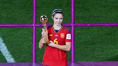 Spain's midfielder #06 Aitana Bonmati holds the trophy on the podium for the FIFA Golden Ball Award during the Australia and New Zealand 2023 Women's World Cup final football match between Spain and England at Stadium Australia in Sydney on August 20, 2023. (Photo by Saeed KHAN / AFP)