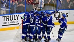 TAMPA, FLORIDA - JUNE 11: The Tampa Bay Lightning celebrate after defeating the New York Rangers with a score of 2 to 1 in Game Six