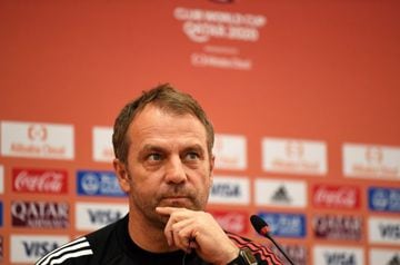 Hans-Dieter Flick, Head Coach of FC Bayern Munich looks on during a Press Conference ahead of the FIFA Club World Cup Qatar 2020.