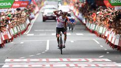 Team UAE Emirates' Spanish rider Marc Soler crosses the finish line in first place during the 5th stage of the 2022 La Vuelta cycling tour of Spain, a 187.2 km race from Irun to Bilbao, on August 24, 2022. (Photo by ANDER GILLENEA / AFP) (Photo by ANDER GILLENEA/AFP via Getty Images)