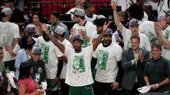 MIAMI, FLORIDA - MAY 29: Marcus Smart #36 of the Boston Celtics celebrates with his teammates after defeating the Miami Heat with a score of 100 to 96 in Game Seven to win the 2022 NBA Playoffs Eastern Conference Finals at FTX Arena on May 29, 2022 in Mia