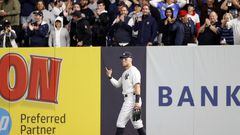 NEW YORK, NEW YORK - SEPTEMBER 22: Aaron Judge #99 of the New York Yankees reacts after making an out with a throw to second during the ninth inning against the Boston Red Sox at Yankee Stadium on September 22, 2022 in the Bronx borough of New York City. The Yankees won 5-4.   Sarah Stier/Getty Images/AFP
