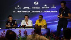 Christian Horner (GBR) Red Bull Racing Team Principal, Zak Brown (USA) McLaren Executive Director and Cyril Abiteboul (FRA) Renault Sport F1 Managing Director in the Press Conference at Formula One World Championship, Rd14, Singapore Grand Prix, Practice, Marina Bay Street Circuit, Singapore, Friday 15 September 2017.