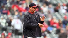 CLEVELAND, OHIO - MAY 04: Manager Terry Francona #77 of the Cleveland Guardians visits the mound for a pitching change during the sixth inning of game one of a doubleheader against the San Diego Padres at Progressive Field on May 04, 2022 in Cleveland, Ohio. (Photo by Jason Miller/Getty Images)