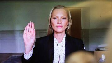 Model Kate Moss, a former girlfriend of actor Johnny Depp,  is sworn in to testify via video link during Depp's defamation trial against his ex-wife Amber Heard, at the Fairfax County Circuit Courthouse in Fairfax, Virginia, U.S., May 25, 2022. REUTERS/Evelyn Hockstein/Pool