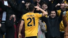 Wolverhampton Wanderers' Spanish midfielder #21 Pablo Sarabia celebrates in front of supporters after scoring the opening goal of the English Premier League football match between Wolverhampton Wanderers and Sheffield United at the Molineux stadium in Wolverhampton, central England on February 25, 2024. (Photo by Paul ELLIS / AFP) / RESTRICTED TO EDITORIAL USE. No use with unauthorized audio, video, data, fixture lists, club/league logos or 'live' services. Online in-match use limited to 120 images. An additional 40 images may be used in extra time. No video emulation. Social media in-match use limited to 120 images. An additional 40 images may be used in extra time. No use in betting publications, games or single club/league/player publications. / 