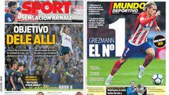 Portadas de los diarios Sport y Mundo Deportivo del d&iacute;a 9 de octubre de 2017.