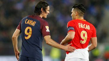 Falcao y Cavani en la final de la Copa de la Liga de Francia entre Mónaco y PSG.