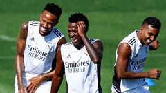 Real Madrid players Militao, Vinicius and Rodrygo, during a training session at the Ciudad Deportiva de Valdebebas. All three already have dual nationality.