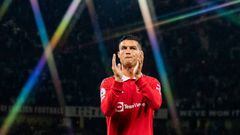MANCHESTER, ENGLAND - AUGUST 22:   Cristiano Ronaldo of Manchester United reacts at the end of the Premier League match between Manchester United and Liverpool FC at Old Trafford on August 22, 2022 in Manchester, United Kingdom. (Photo by Ash Donelon/Manchester United via Getty Images)