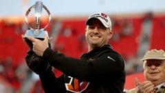 KANSAS CITY, MISSOURI - JANUARY 30: Head coach Zac Taylor of the Cincinnati Bengals celebrates with the trophy after defeating the Kansas City Chiefs 27-24 in the AFC Championship Game at Arrowhead Stadium on January 30, 2022 in Kansas City, Missouri.   J