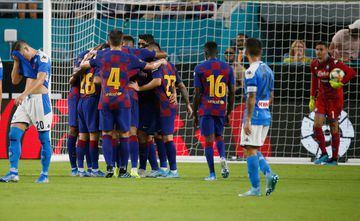 Barcelona celebrates their goal against Napoli during the International Champions Cup football match between FC Barcelona and SSC Napoli at Hard Rock Stadium in Miami, Florida, on August 7, 2019. 