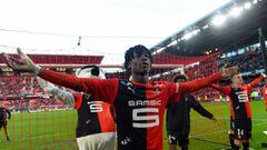(FILES) In this file photo taken on November 10, 2019 Rennes&#039; French midfielder Eduardo Camavinga (L) acknowledges Rennes&#039; supporters after their victory in the French L1 Football match between Stade Rennais Football Club and SC Amiens, at the R