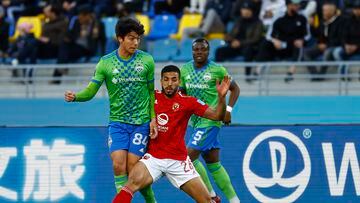 Soccer Football - FIFA Club World Cup - Second Round - Seattle Sounders v Al Ahly - Ibn Batouta Stadium, Tangier, Morocco - February 4, 2023   Seattle Sounders' Joshua Atencio in action with Al Ahly's Mohamed Abdelmonem REUTERS/Susana Vera