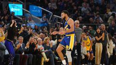 Dec 10, 2022; San Francisco, California, USA; Golden State Warriors guard Stephen Curry (30) celebrates after making a three point basket while being fouled against the Boston Celtics in the second quarter at the Chase Center. Mandatory Credit: Cary Edmondson-USA TODAY Sports