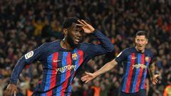 Barcelona's Ivorian midfielder Franck Kessie celebrates after scoring his team's second goal during the Spanish league football match between FC Barcelona and Real Madrid CF at the Camp Nou stadium in Barcelona on March 19, 2023. (Photo by LLUIS GENE / AFP)