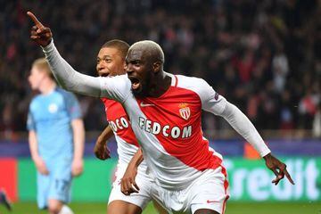 Monaco's Tiémoué Bakayoko celebrates after scoring the hosts' crucial third goal against Manchester City.
