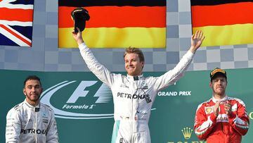 Nico Rosberg (C) celebrates on the podium. 