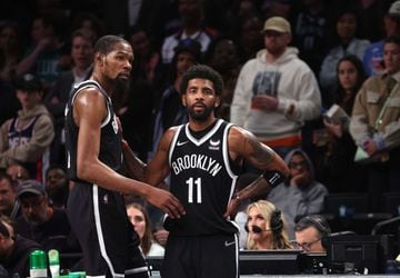Kevin Durant (left) and Kyrie Irving during the Brooklyn Nets' Game 3 defeat to the Boston Celtics.
