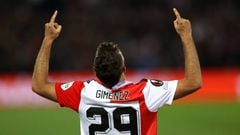 Santiago Giménez celebrates a goal with Feyenoord.