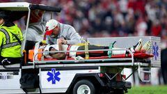 TAMPA, FLORIDA - JANUARY 16: Russell Gage #17 of the Tampa Bay Buccaneers is carted off the field after suffering an injury against the Dallas Cowboys during the fourth quarter in the NFC Wild Card playoff game at Raymond James Stadium on January 16, 2023 in Tampa, Florida.   Mike Ehrmann/Getty Images/AFP (Photo by Mike Ehrmann / GETTY IMAGES NORTH AMERICA / Getty Images via AFP)