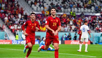 Carlos SOLER of Spain celebrates his goal with Alvaro MORATA of Spain during the FIFA World Cup Qatar 2022, Group E match between Spain and Costa Rica on November 23, 2022 at Al Thumama Stadium in Doha, Qatar. (Photo by Baptiste Fernandez/Icon Sport via Getty Images)
