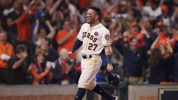 HOUSTON, TX - OCTOBER 29: Jose Altuve #27 of the Houston Astros celebrates after scoring on a home run by Carlos Correa #1 (not pictured) during the seventh inning against the Los Angeles Dodgers in game five of the 2017 World Series at Minute Maid Park o