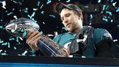 MINNEAPOLIS, MN - FEBRUARY 04: Nick Foles #9 of the Philadelphia Eagles celebrates with the Vince Lombardi Trophy after defeating the New England Patriots 41-33 in Super Bowl LII at U.S. Bank Stadium on February 4, 2018 in Minneapolis, Minnesota.   Elsa/G