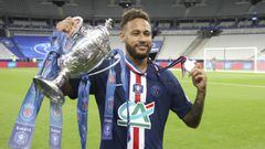 Neymar Jr of PSG celebrates winning the French cup following the French Cup final football match between Paris Saint-Germain (PSG) and Saint-Etienne (ASSE) on Friday 24, 2020 at the Stade de France in Saint-Denis, near Paris, France - Photo Juan Soliz / D