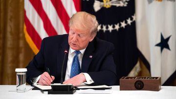 Washington (Untied States), 19/05/2020.- US President Donald J. Trump signs an executive order making hundreds of deregulations made in the age of coronavirus permanent, during a Cabinet meeting in the East Room at the White House in Washington, DC, USA, 