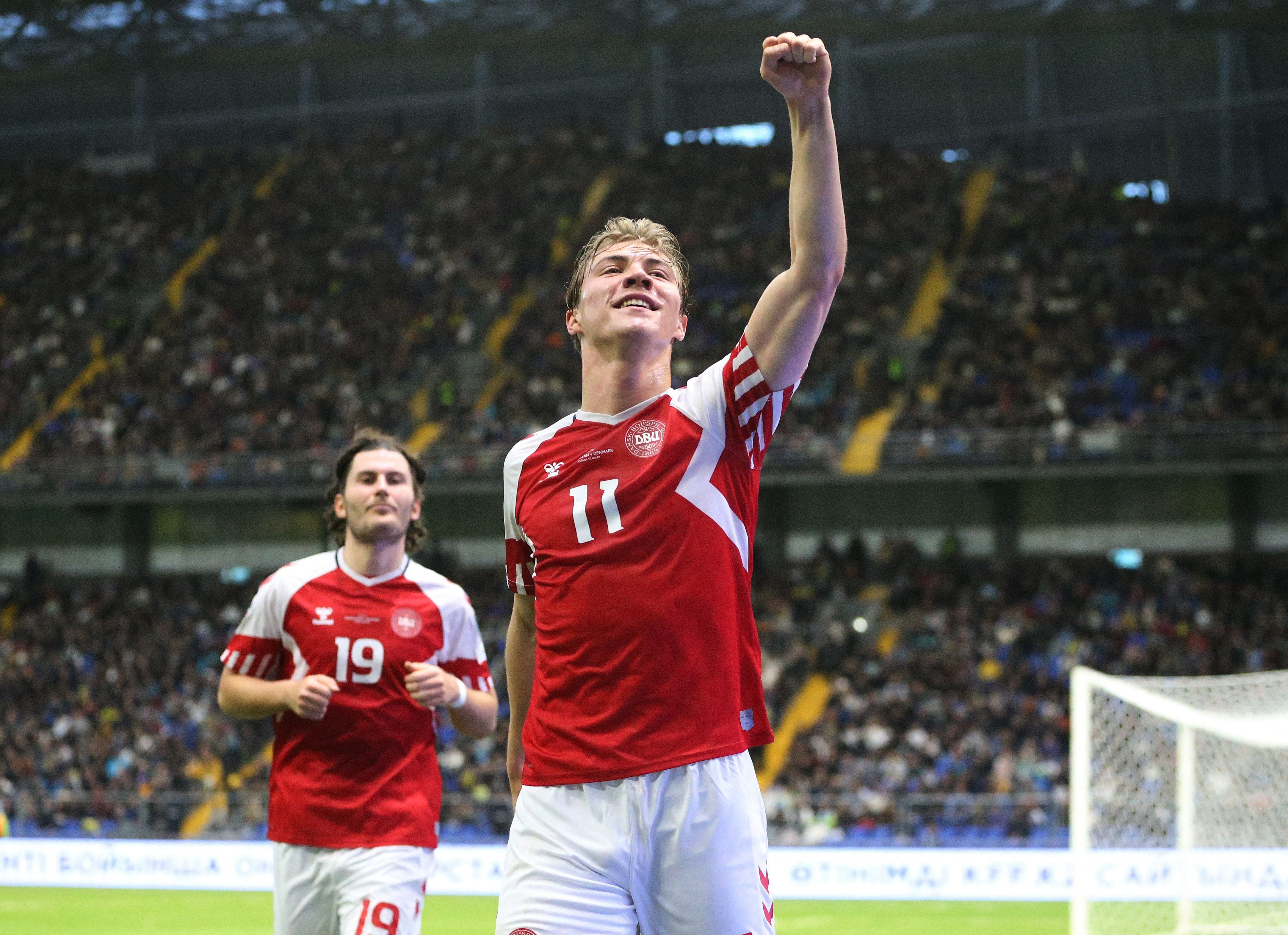 Soccer Football - UEFA Euro 2024 Qualifiers - Group H - Kazakhstan v Denmark - Astana Arena, Astana, Kazakhstan - March 26, 2023  Denmark's Rasmus Hojlund celebrates scoring their first goal REUTERS/Pavel Mikheyev