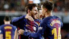 Los jugadores del FC Barcelona, el argentino Leo Messi y el brasile&ntilde;o, Philippe Coutinho, celebran el primer gol del equipo blaugrana.